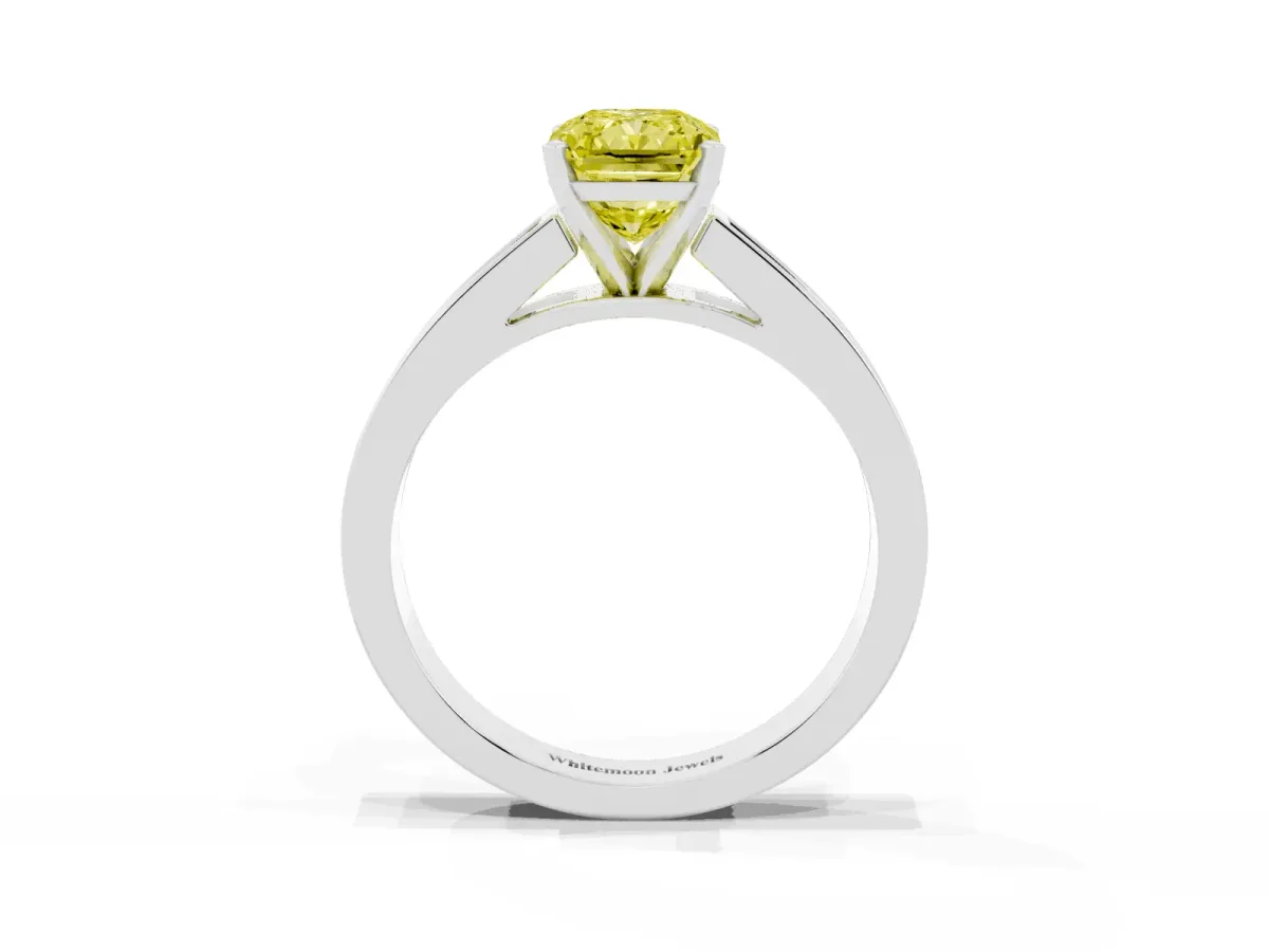Fancy Yellow Radiant Cut Solitaire Diamond Ring with Channel-Set Band and Four-Prong Setting Silver