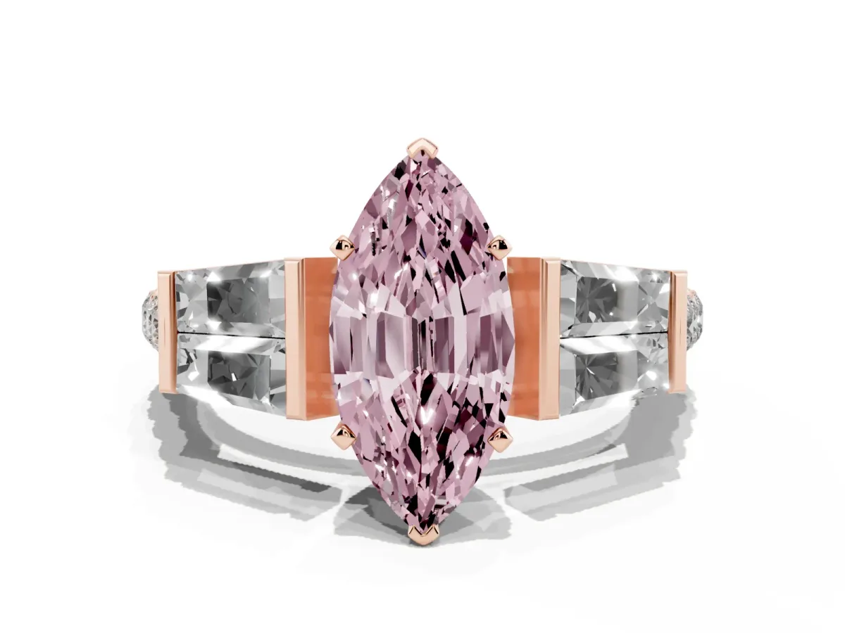 Fancy Pink Marquise Cut Diamond Engagement Ring with Baguette Side Stones and Channel Set Band Rose gold
