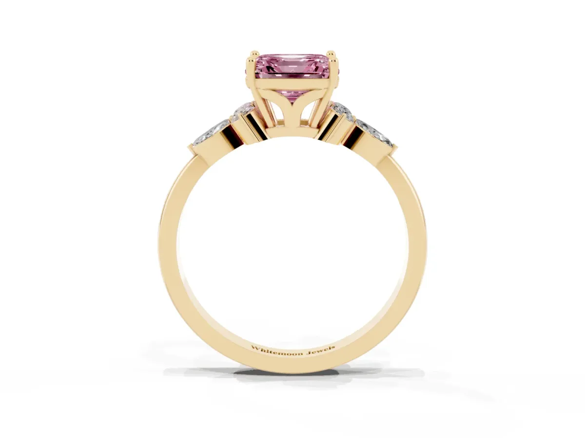 Fancy Pink Asscher Cut Brilliant Diamond Solitaire Ring with Pear Side Stones and Four-Prong Setting Yellow gold