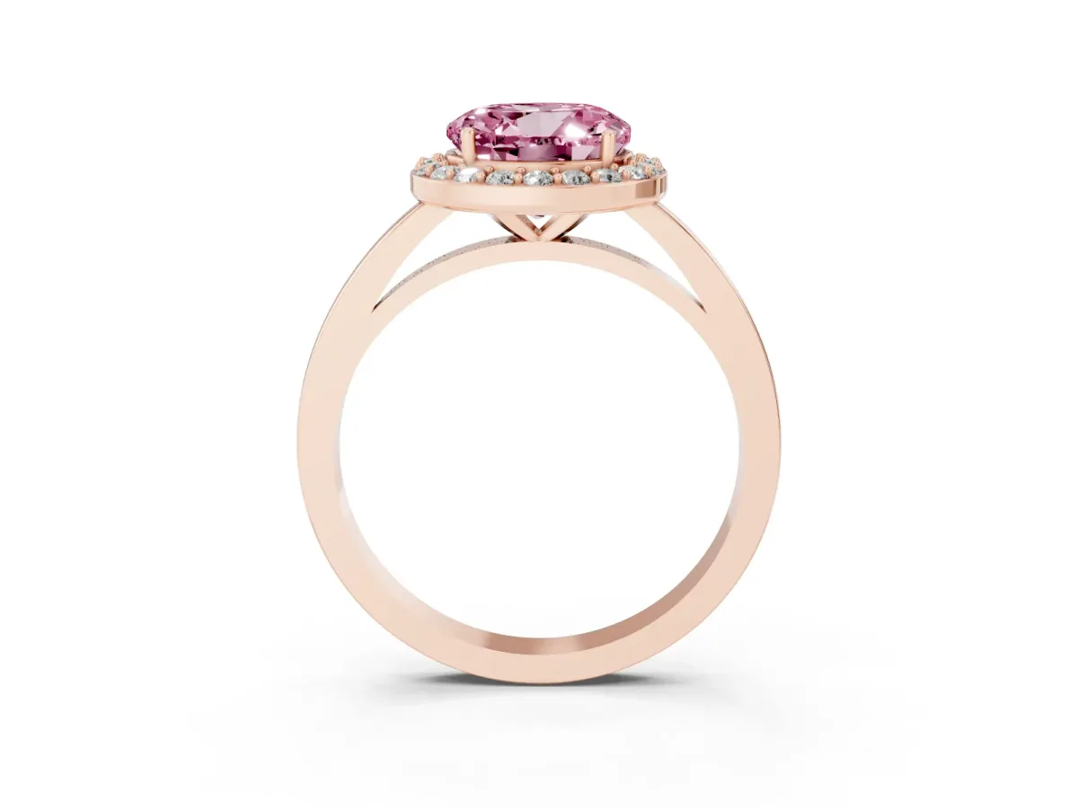 Fancy Pink Round Cut Halo Diamond Ring with Solitaire Band and Prong Setting Rose gold