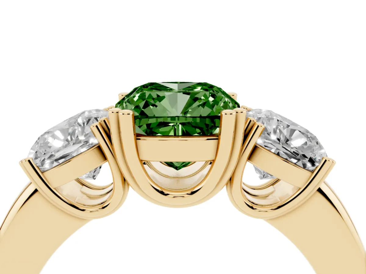 Fancy Green Three-Stone Cushion Cut Cut Diamond Ring with Channel Set Band and Four-Prong Setting Yellow gold