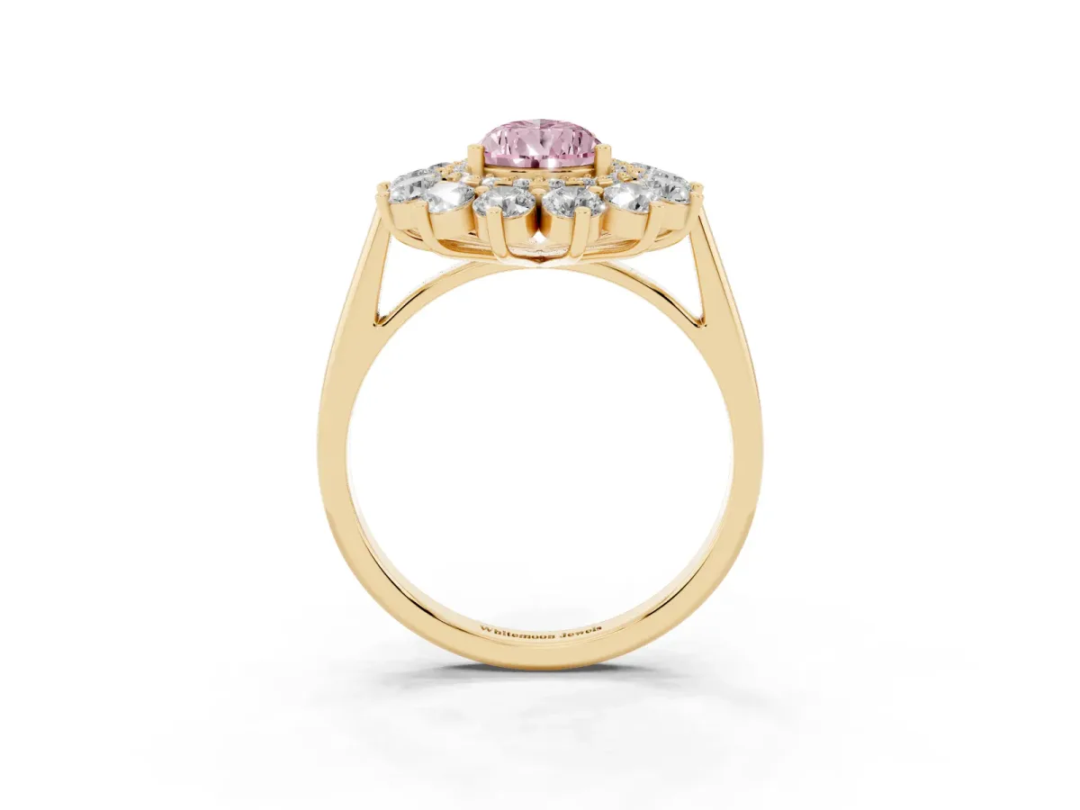 Fancy Pink Pear Cut Diamond Floral Double Halo Engagement Ring with Prong Setting Yellow gold