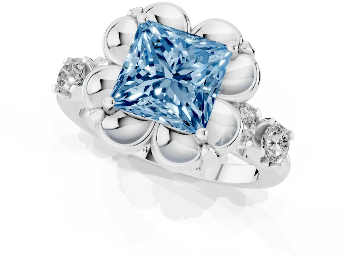 Fancy Blue Princess Cut Cut Diamond Floral Halo Engagement Ring with Shared Prong Setting Silver