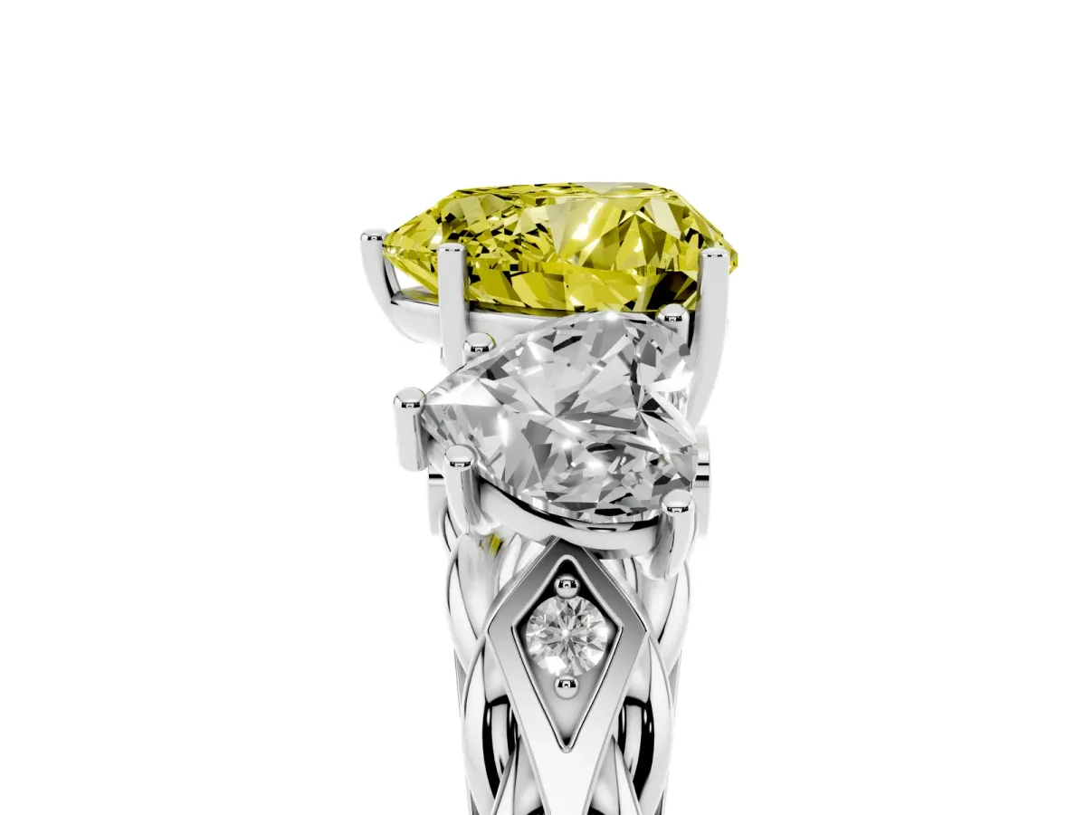 Fancy Yellow Three-Stone Heart Cut Diamond Braided Band Ring with Four-Prong Setting Silver