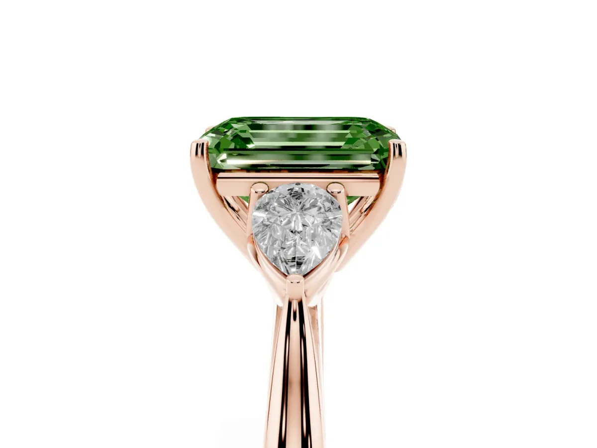 Fancy Green Three-Stone Emerald Cut Brilliant Diamond Solitaire Ring with Tapered Band and Four-Prong Setting Rose gold
