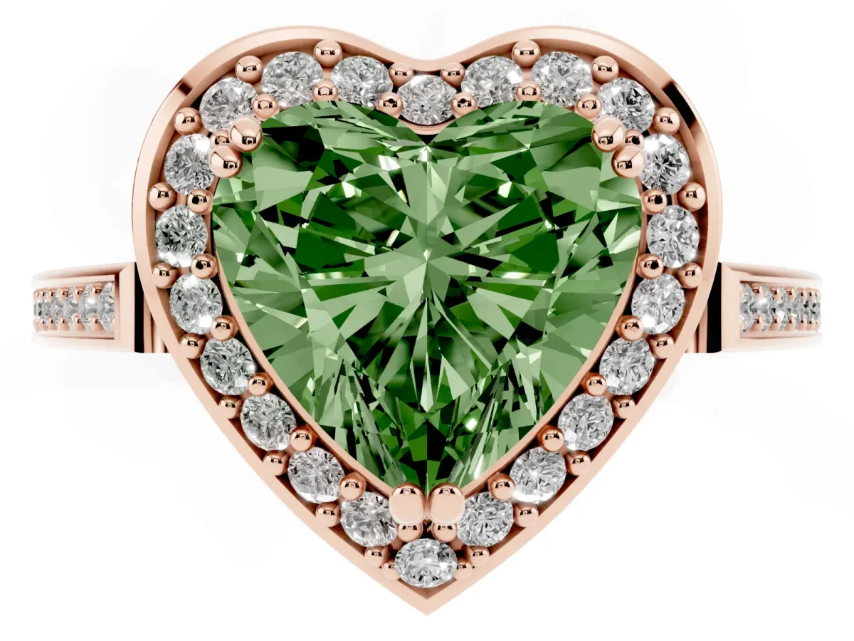 Fancy Green Heart Cut Diamond Halo Ring with Split Shank and Four-Prong Setting Rose gold