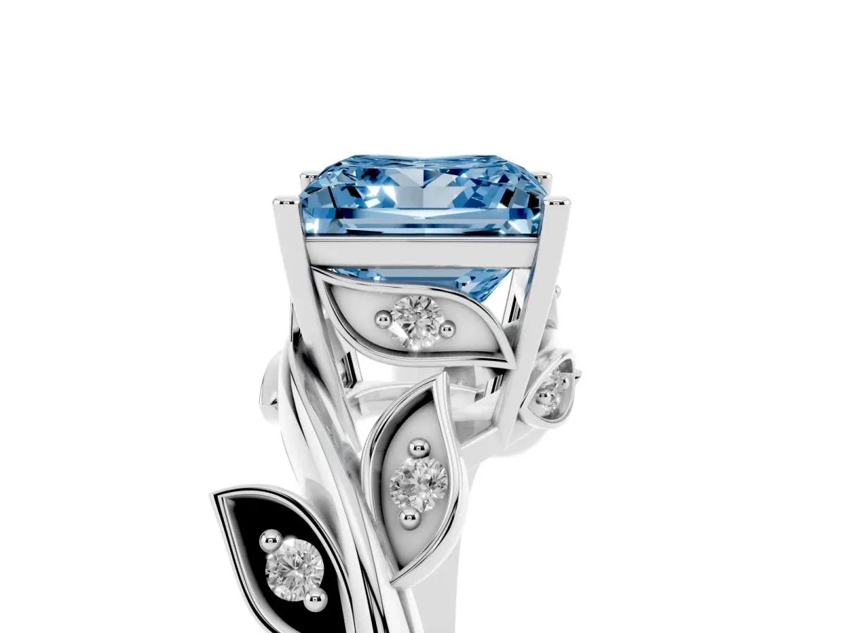 Fancy Blue Princess Cut Solitaire Twist Engagement Ring with Leaf Accents and Prong Setting Silver