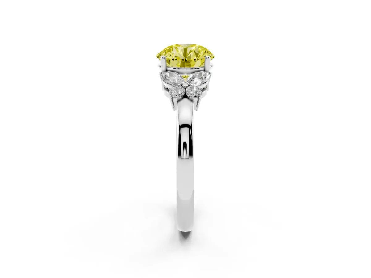 Fancy Yellow Round Cut Cut Solitaire Floral Diamond Ring with Four-Prong Setting Silver