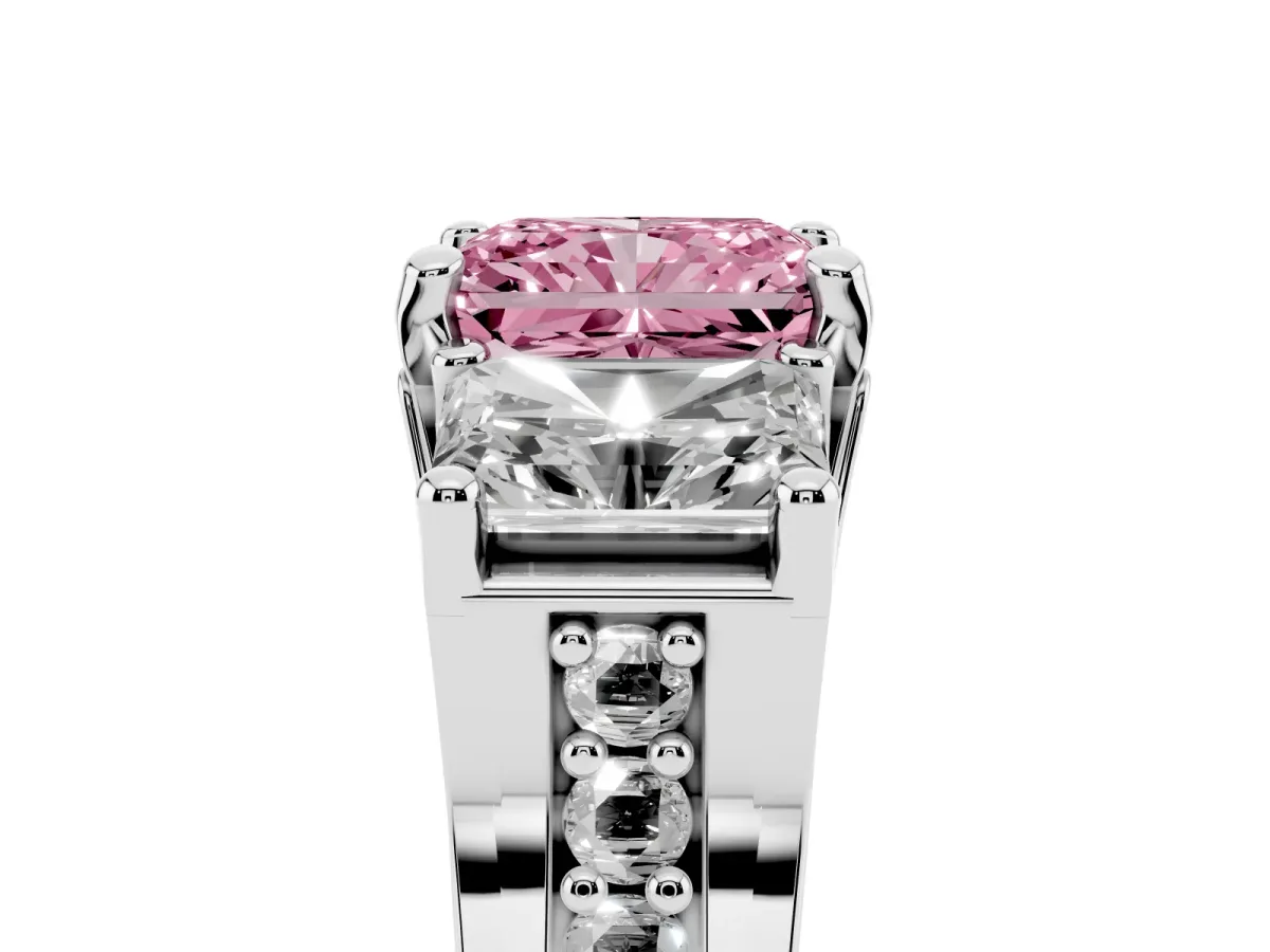 Fancy Pink Radiant Cut Diamond Three-Stone Ring with Channel Set Band and Four-Prong Setting Silver