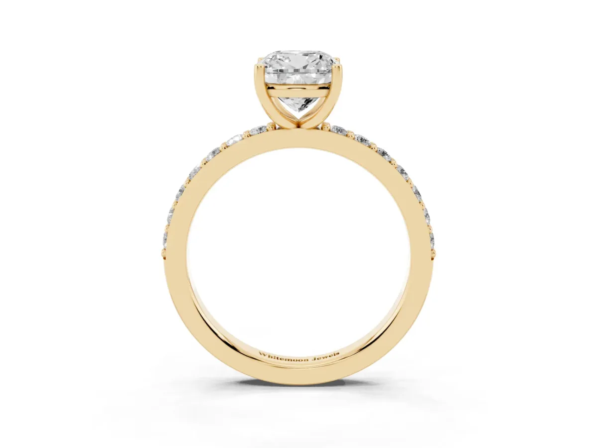 Cushion Cut Cut Diamond Solitaire with Pave Band and Four-Prong Setting Yellow gold