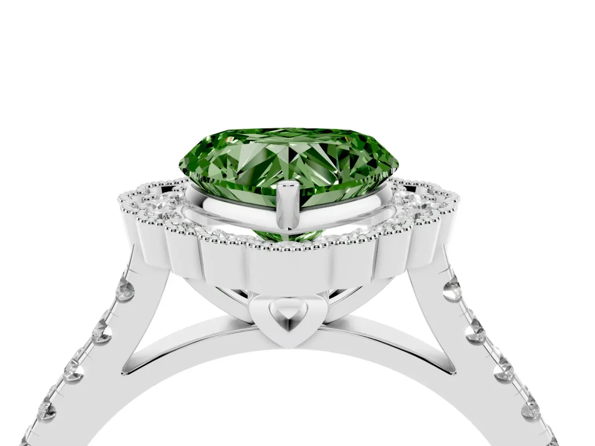 Fancy Green Heart Cut Cut Diamond Milgrain Floral Halo Engagement Ring with Pavé Band White gold