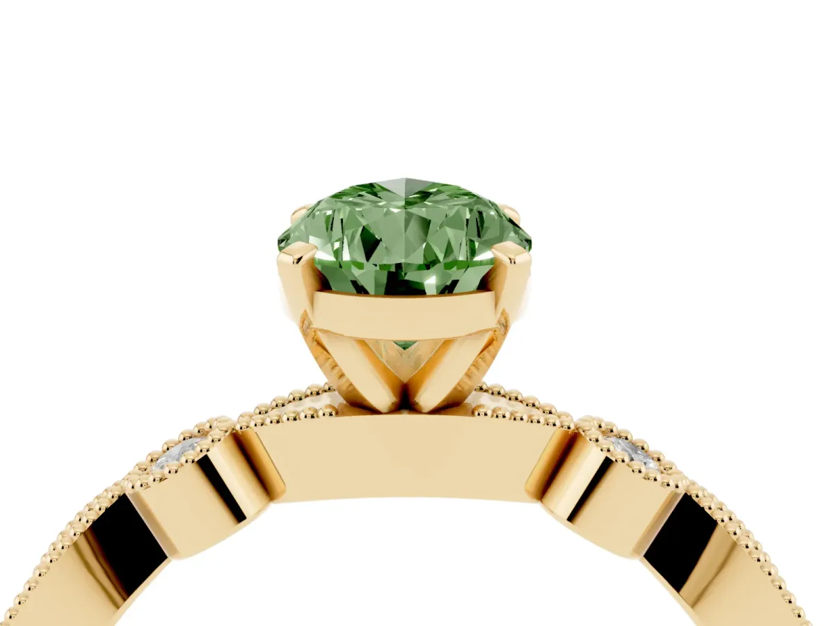 Fancy Green Pear Cut Milgrain Bezel Diamond Engagement Ring with Solitaire Prong Setting Yellow gold