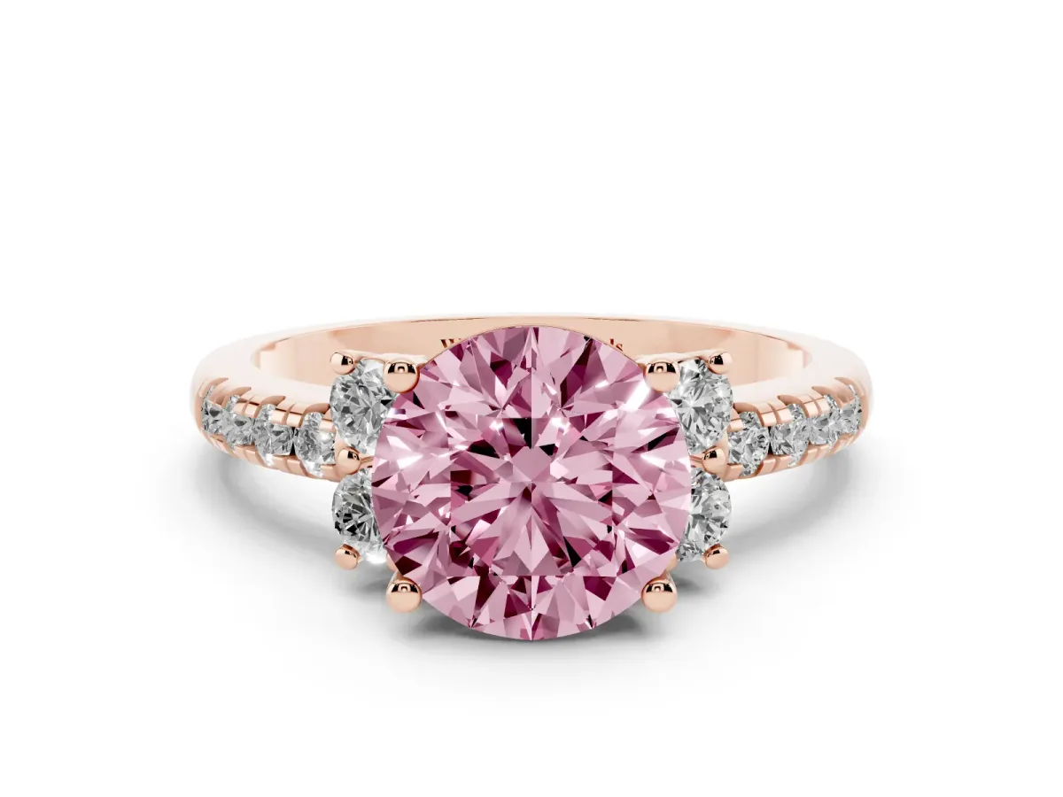 Fancy Pink Round Cut Diamond Three-Stone Pave Band with Four-Prong Setting Rose gold