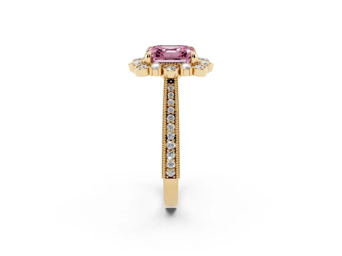 Fancy Pink Asscher Cut Halo Milgrain Pave Diamond Ring with Four-Prong Setting Yellow gold