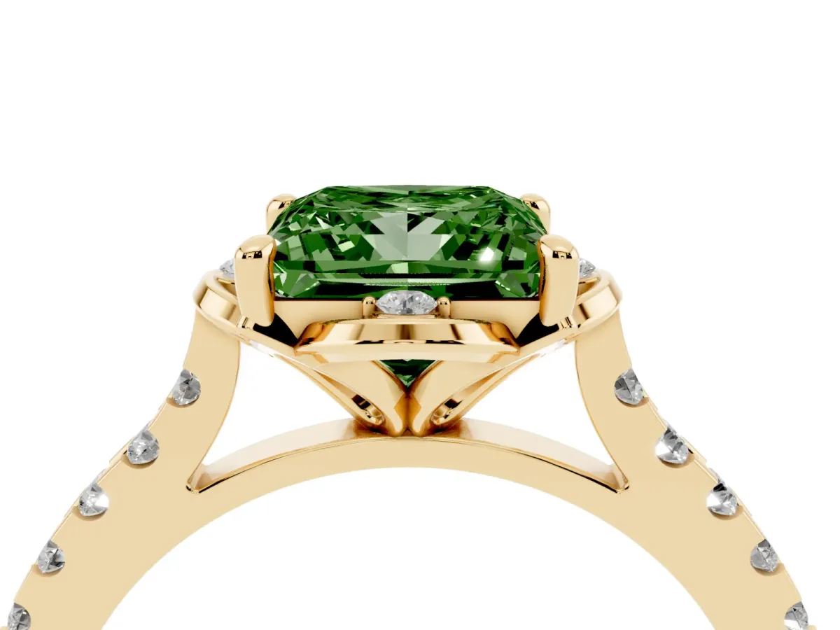 Fancy Green Princess Cut Diamond Ring with Pavé Band and Floral Prong Setting Yellow gold