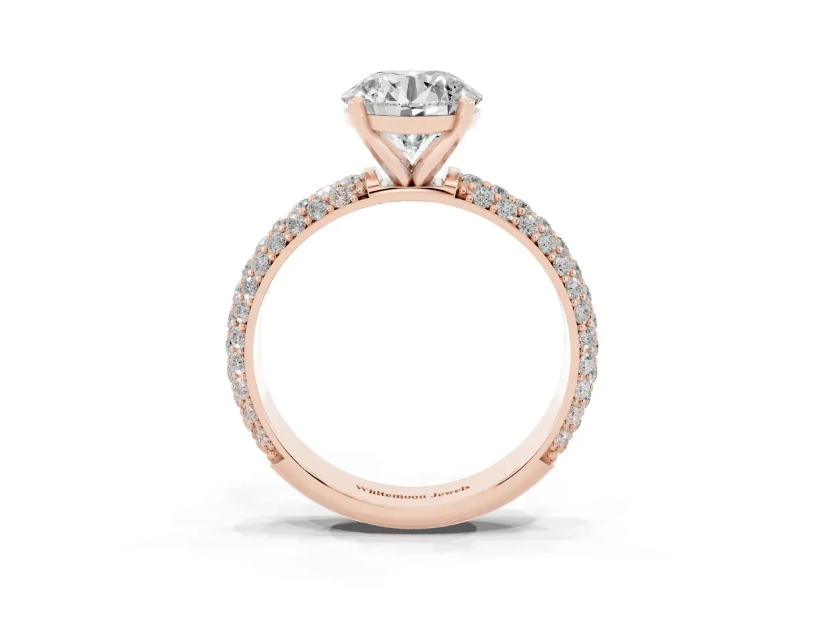 Round Cut Diamond Solitaire Ring with Prong Setting and Pavé Band Rose gold