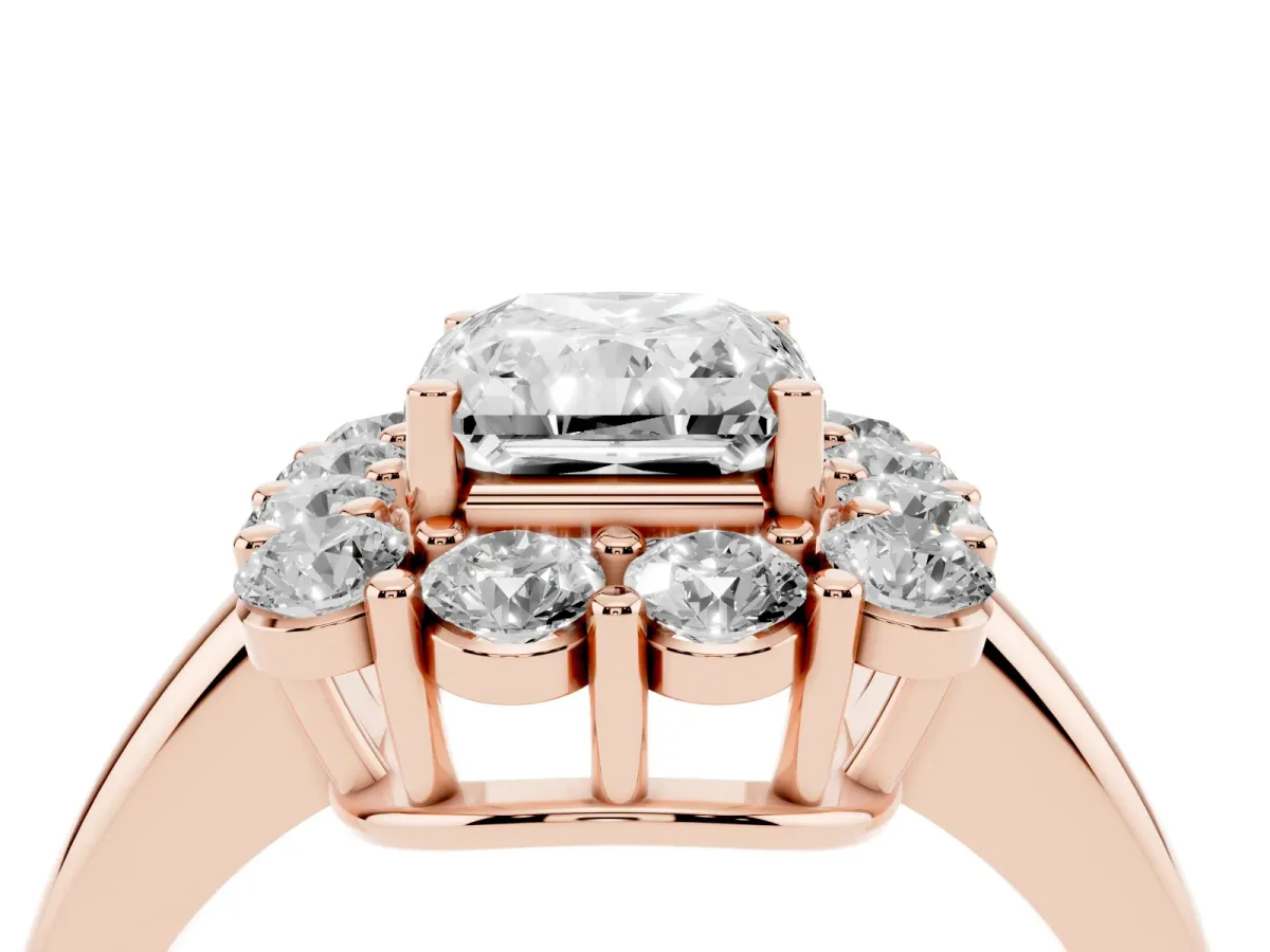 Radiant Cut Halo Cluster Diamond Engagement Ring with Prong Setting and Polished Band Rose gold