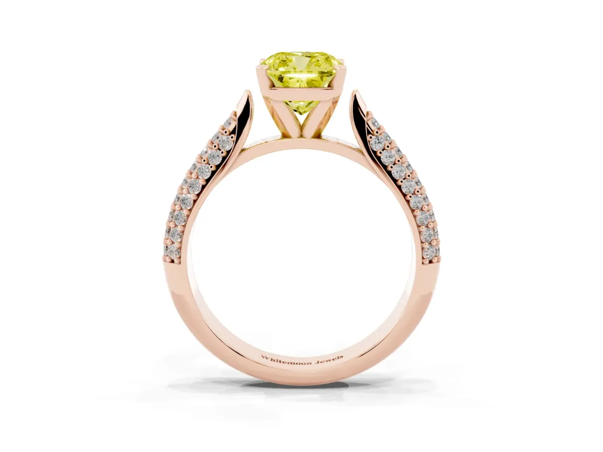 Fancy Yellow Cushion Cut Diamond Solitaire Engagement Ring with Multi-Row Round Pavé Band and Prong Setting Rose gold