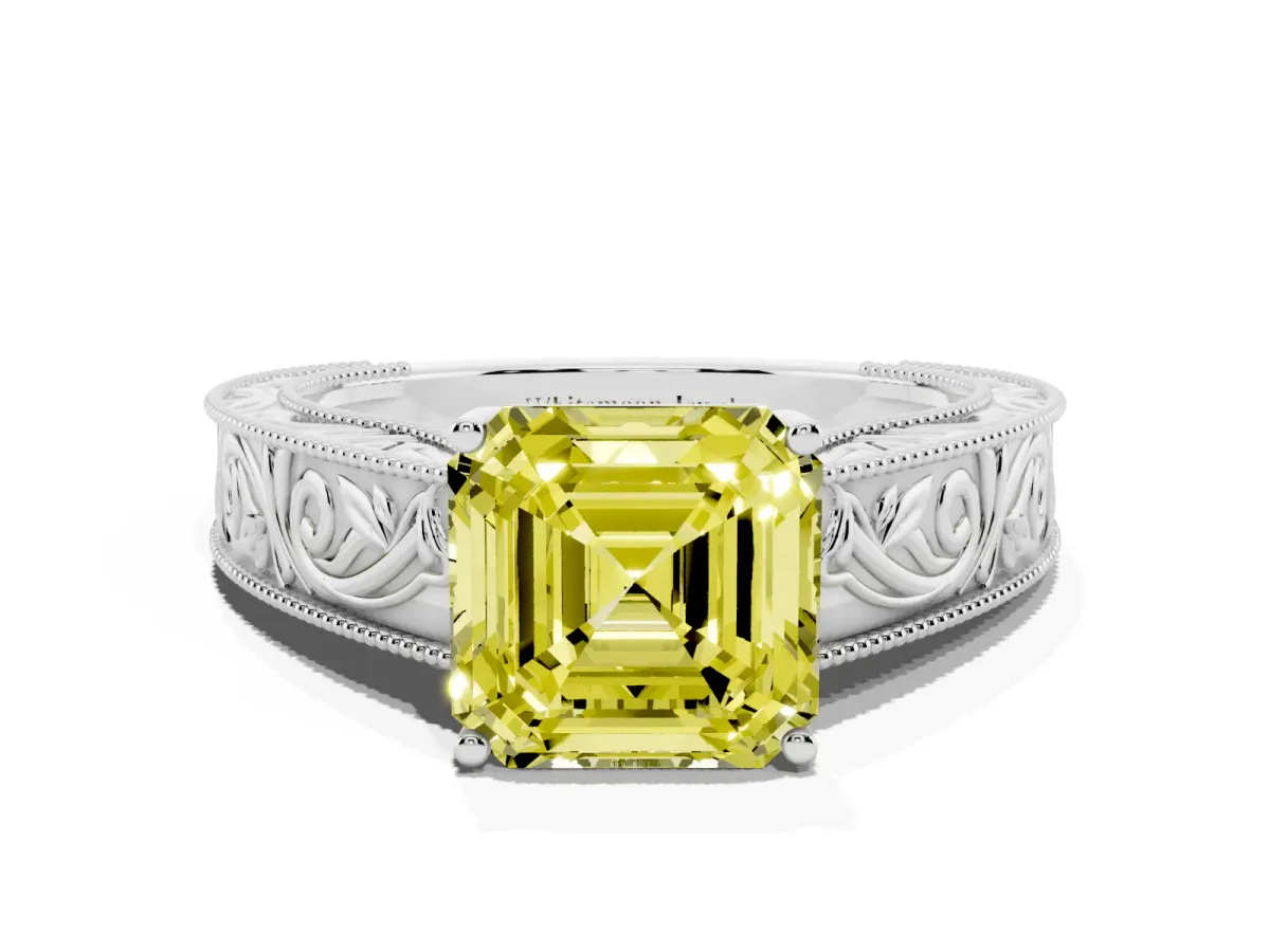 Fancy Yellow Asscher Cut Diamond Solitaire Ring with Engraved Band and Four-Prong Setting Platinum