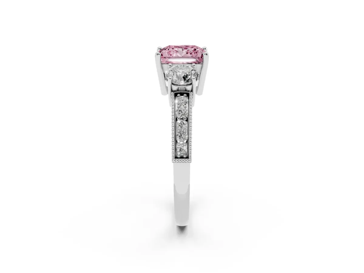 Fancy Pink Princess Cut Three-Stone Diamond Ring with Pavé Band and Four-Prong Setting Silver