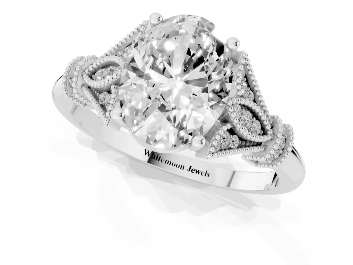 Oval Cut Diamond Solitaire Ring with Floral Filigree and Pave Accents Silver