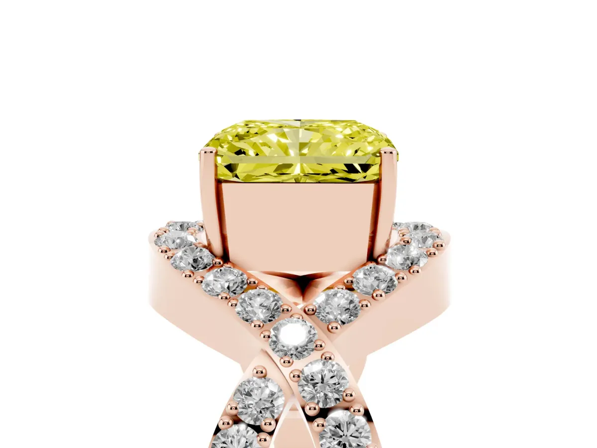 Fancy Yellow Radiant Cut Solitaire Twist Band Pavé Diamond Engagement Ring Rose gold