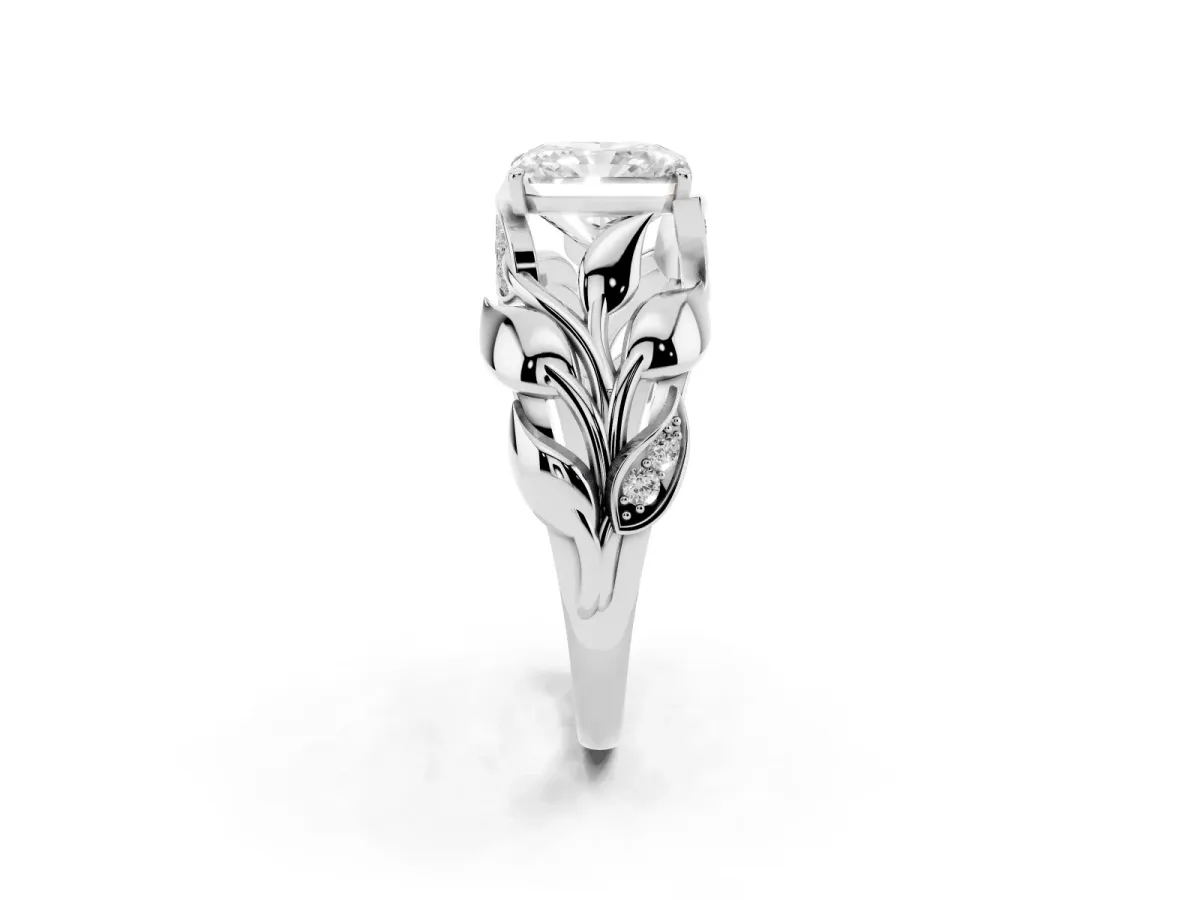 Radiant Cut Diamond Leaf-Inspired Engagement Ring with Round Accents and Prong Setting White gold