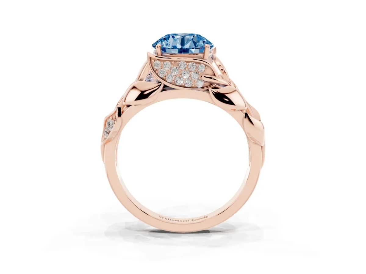 Fancy Blue Round Cut Diamond Leaf-Inspired Engagement Ring with Round Accents and Prong Setting Rose gold