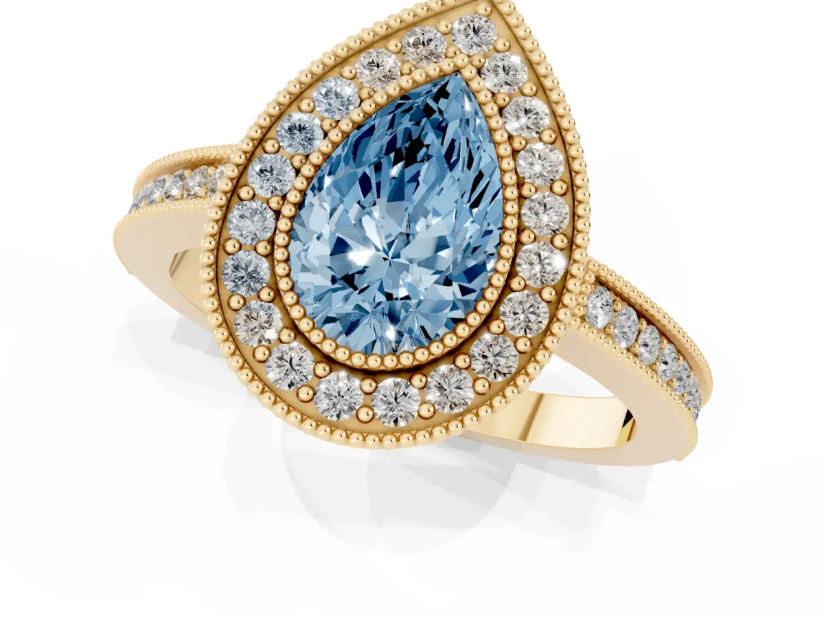 Fancy Blue Pear Cut Cut Halo Diamond Ring with Pavé Band and Milgrain Prong Setting Yellow gold