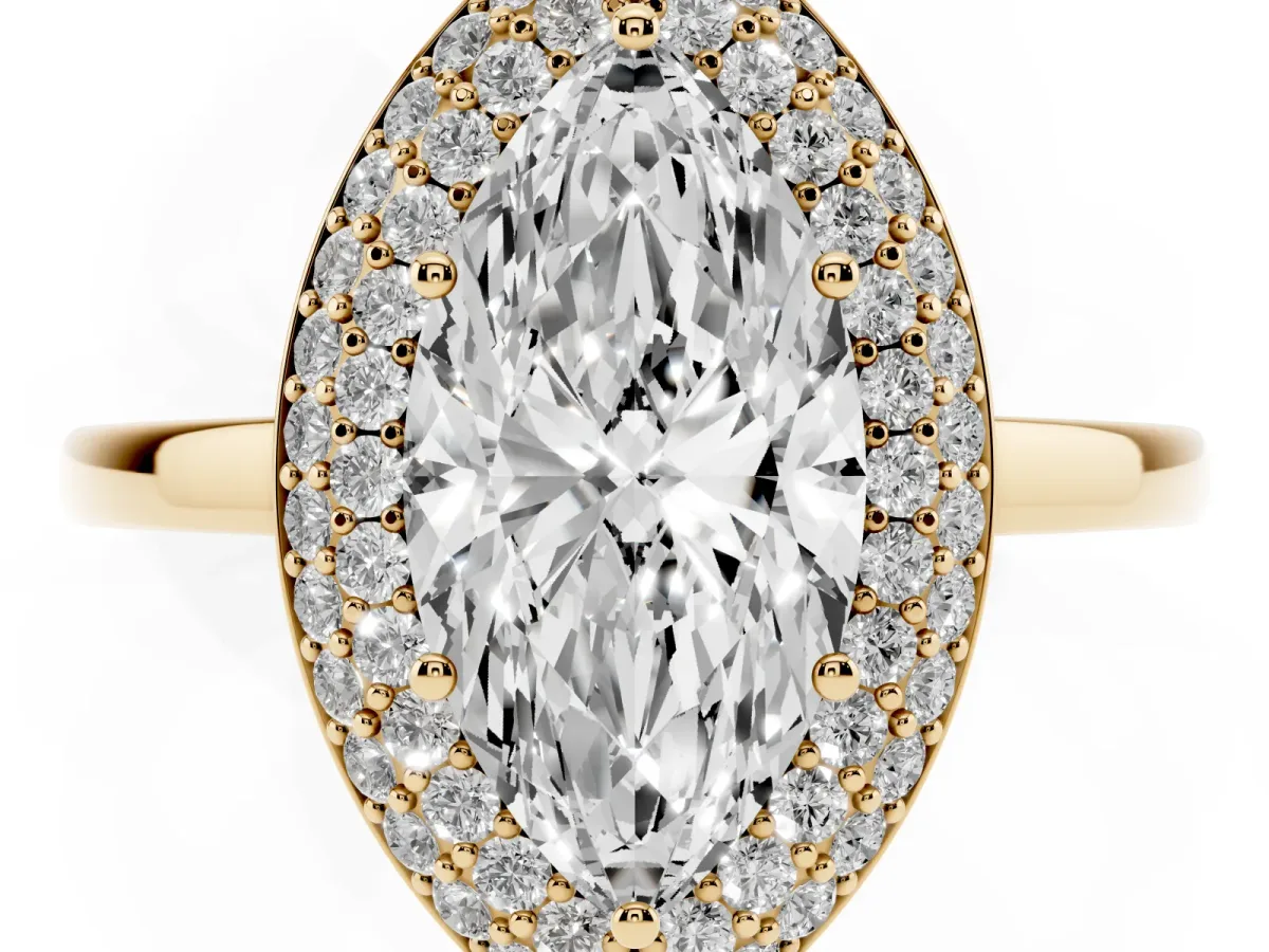 Marquise Cut Halo Diamond Engagement Ring with Solitaire Band and Four-Prong Setting Yellow gold