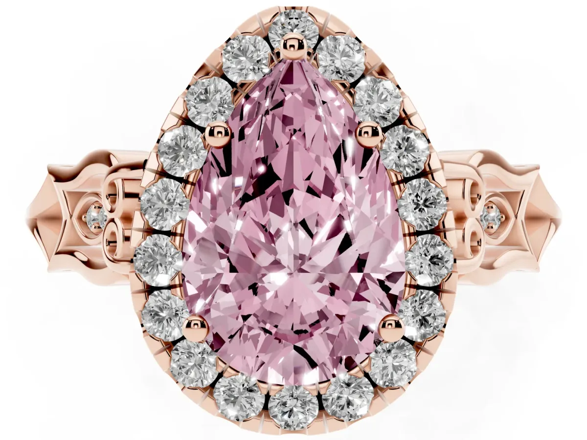 Fancy Pink Pear Cut Halo Diamond Engagement Ring with Filigree Band and Four-Prong Setting Rose gold