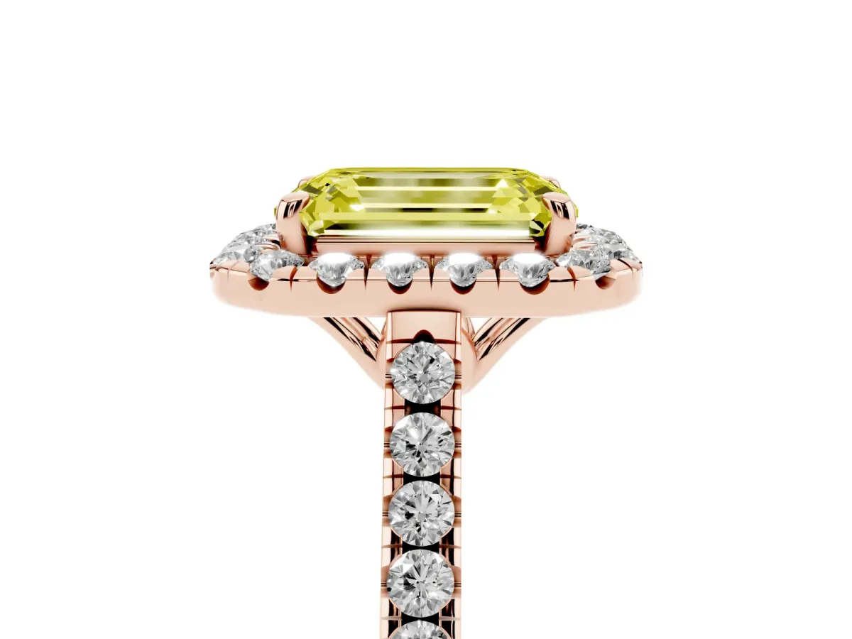 Fancy Yellow Emerald Cut Halo Pavé Diamond Engagement Ring with Four-Prong Setting Rose gold