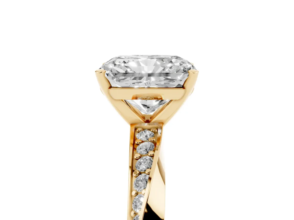 Radiant Cut Diamond Engagement Ring with Side Stone Accents and Four-Prong Setting Yellow gold