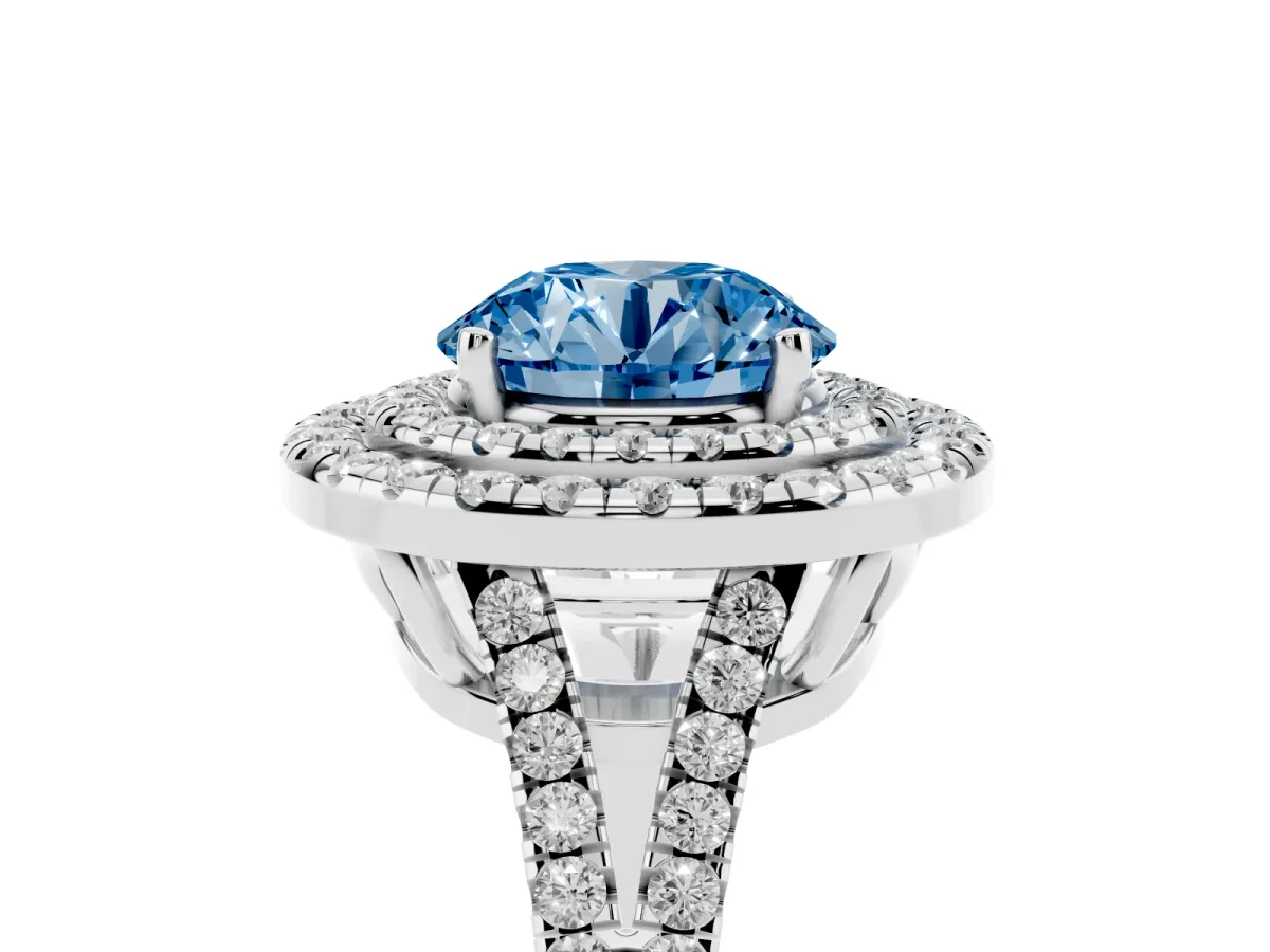 Fancy Blue Round Cut Diamond Double Halo Ring with Pavé Band and Prong Setting Platinum