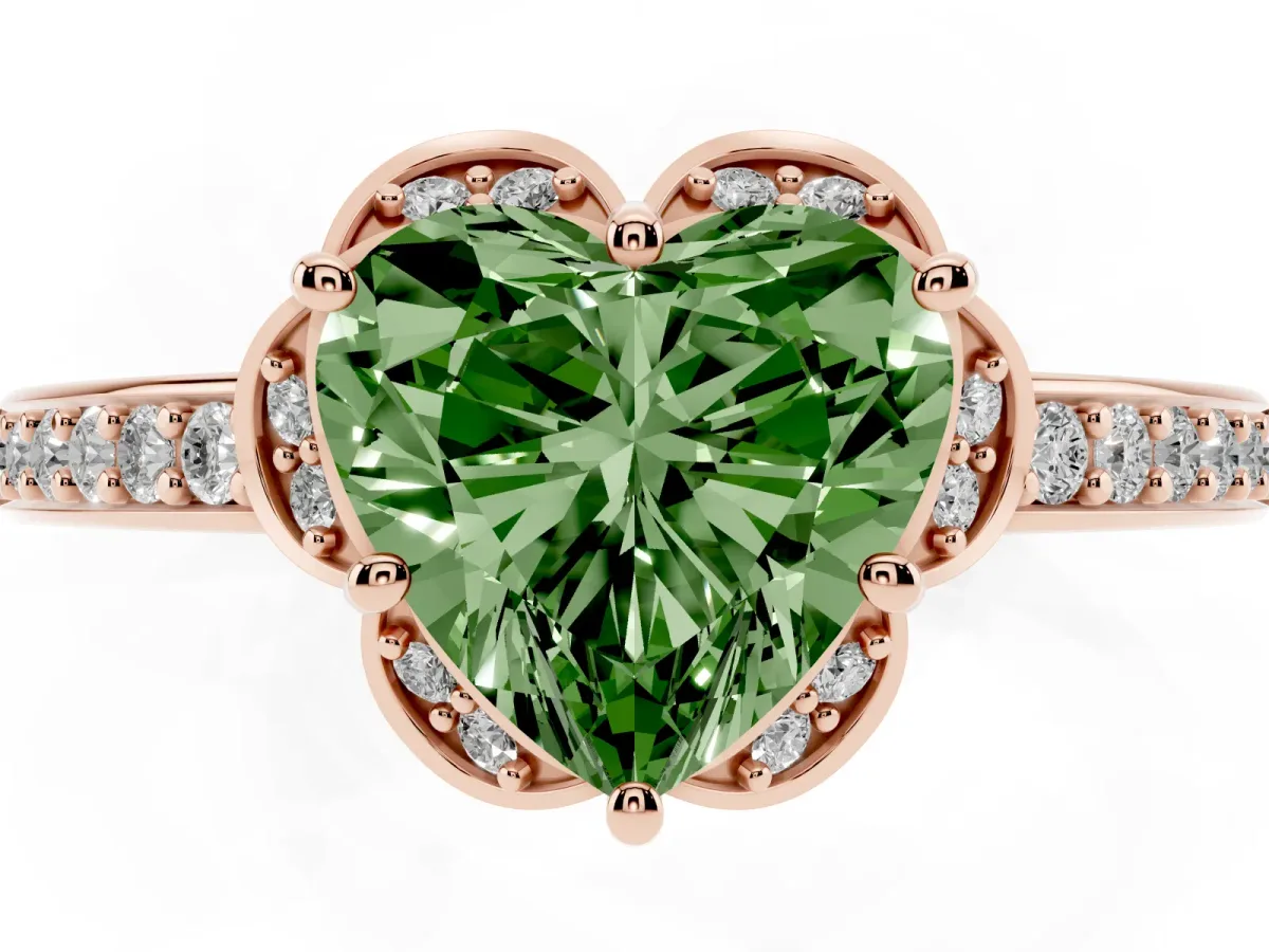 Fancy Green Heart Cut Cut Halo Diamond Ring with Channel Set Band and Four-Prong Setting Rose gold