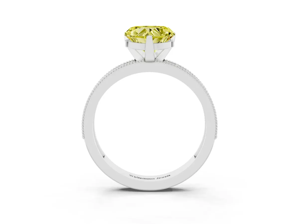 Fancy Yellow Heart Cut Diamond Milgrain Pavé Engagement Ring with Four-Prong Setting Silver