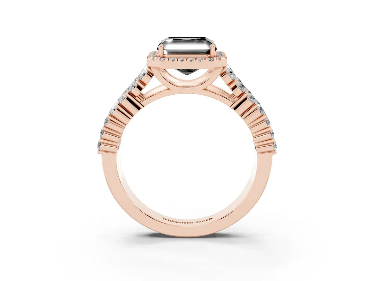 Fancy Black Asscher Cut Diamond Halo Engagement Ring with Triple Row Round Pavé Band and Prong Setting Rose gold