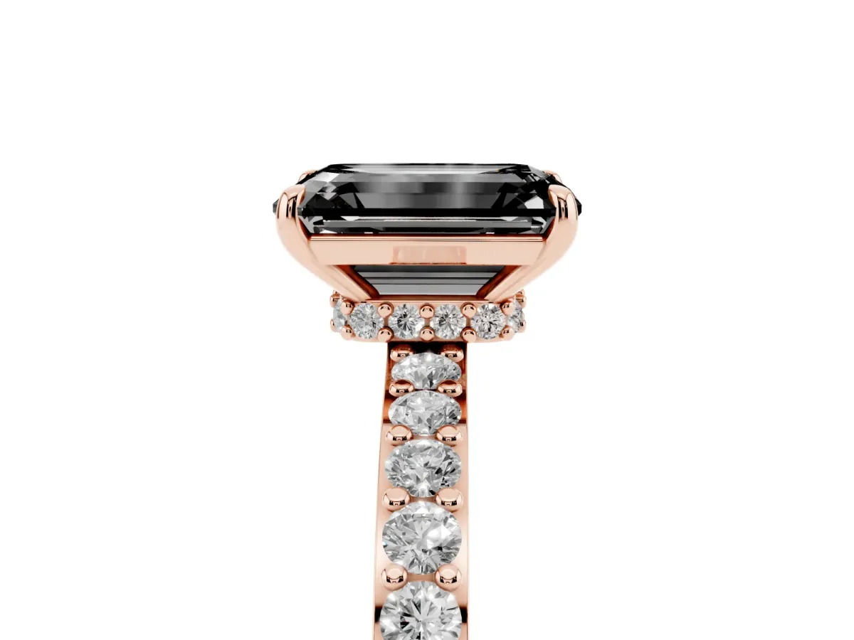 Fancy Black Emerald Cut Diamond Solitaire Engagement Ring with Pavé Band and Four-Prong Setting Rose gold