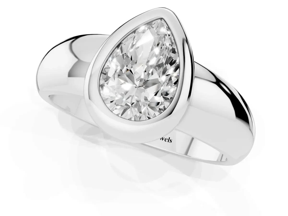 Bezel Set Pear Cut Solitaire Ring with Wide Band White gold