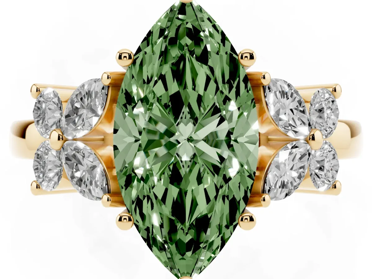 Fancy Green Marquise Cut Diamond Floral Cluster Ring with Solitaire Band and Prong Setting Yellow gold