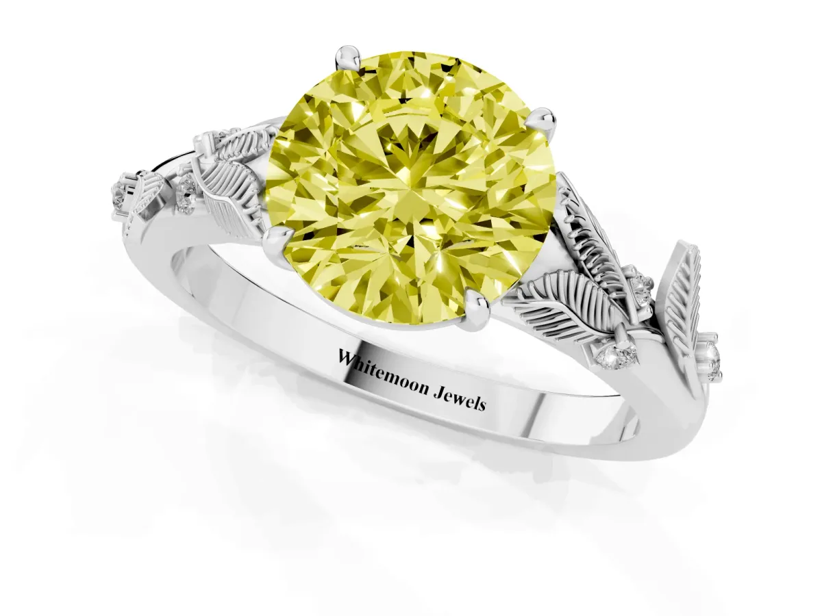 Fancy Yellow Round Cut Diamond Solitaire Ring with Leaf Motif Band and Four-Prong Setting Platinum