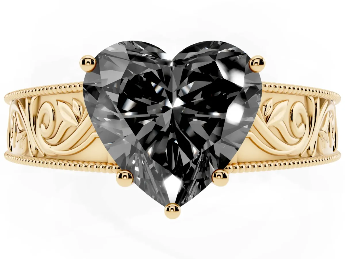Fancy Black Heart Cut Diamond Solitaire Ring with Engraved Band and Four-Prong Setting Yellow gold