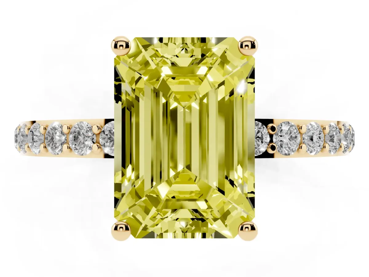 Fancy Yellow Emerald Cut Diamond Solitaire Ring with Round Pavé Shoulders and Prong Setting Yellow gold