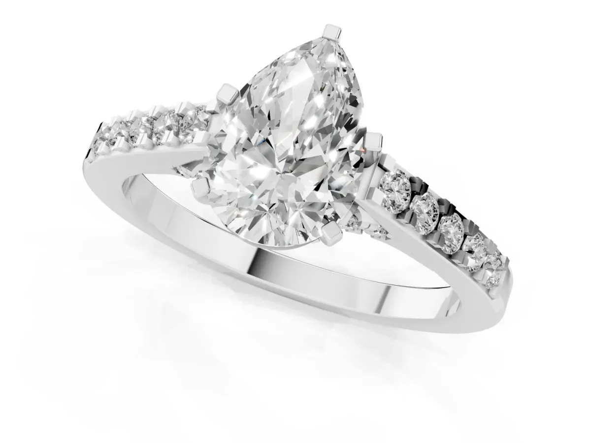 Pear Cut Diamond Solitaire Ring with Crossover Gallery and Round Pavé Band Silver