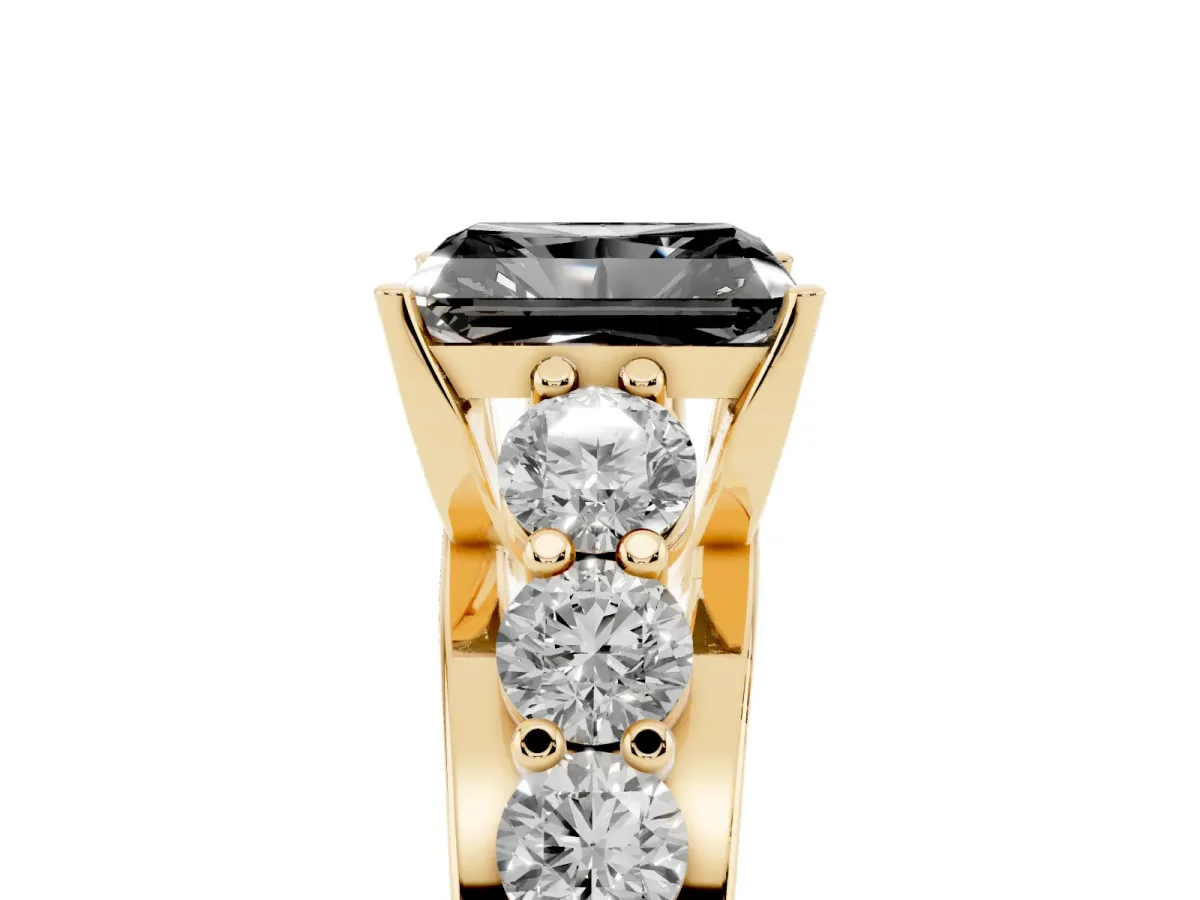 Fancy Black Radiant Cut Diamond Engagement Ring with Pavé Band and Four-Prong Setting Yellow gold