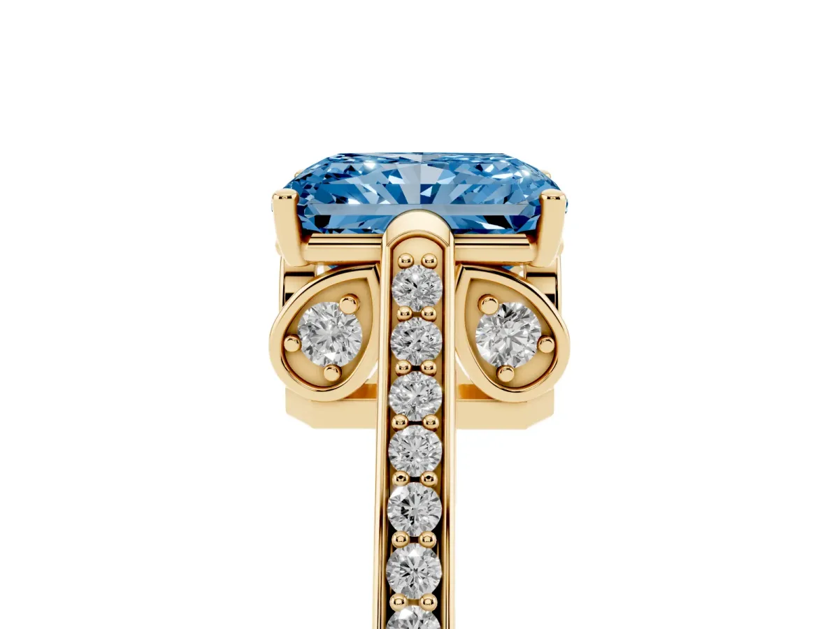 Fancy Blue Radiant Cut Cut Cathedral Pave Diamond Engagement Ring with Six-Prong Setting Yellow gold