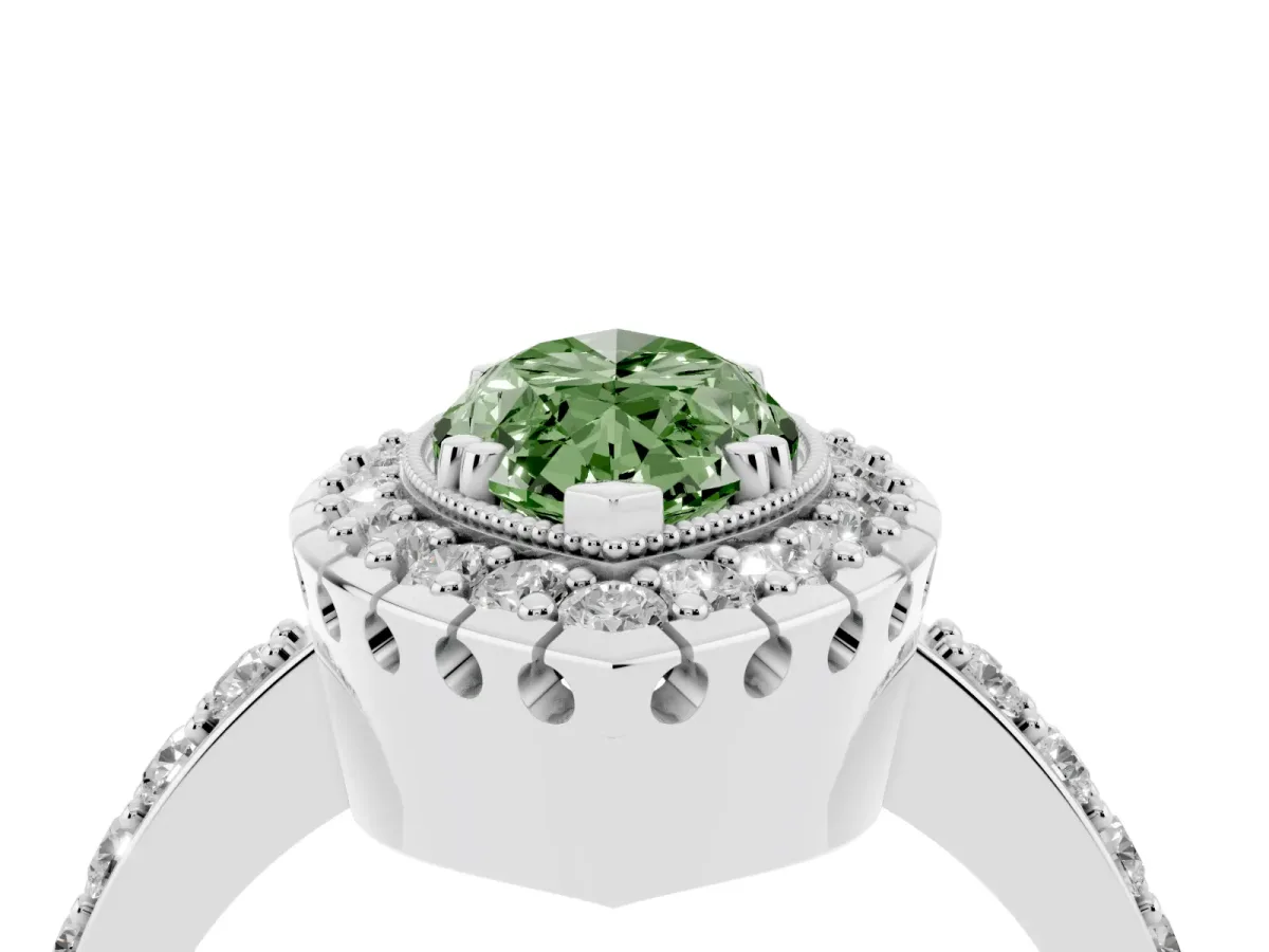 Fancy Green Marquise Cut Diamond Halo Ring with Pavé Band and Prong Setting White gold