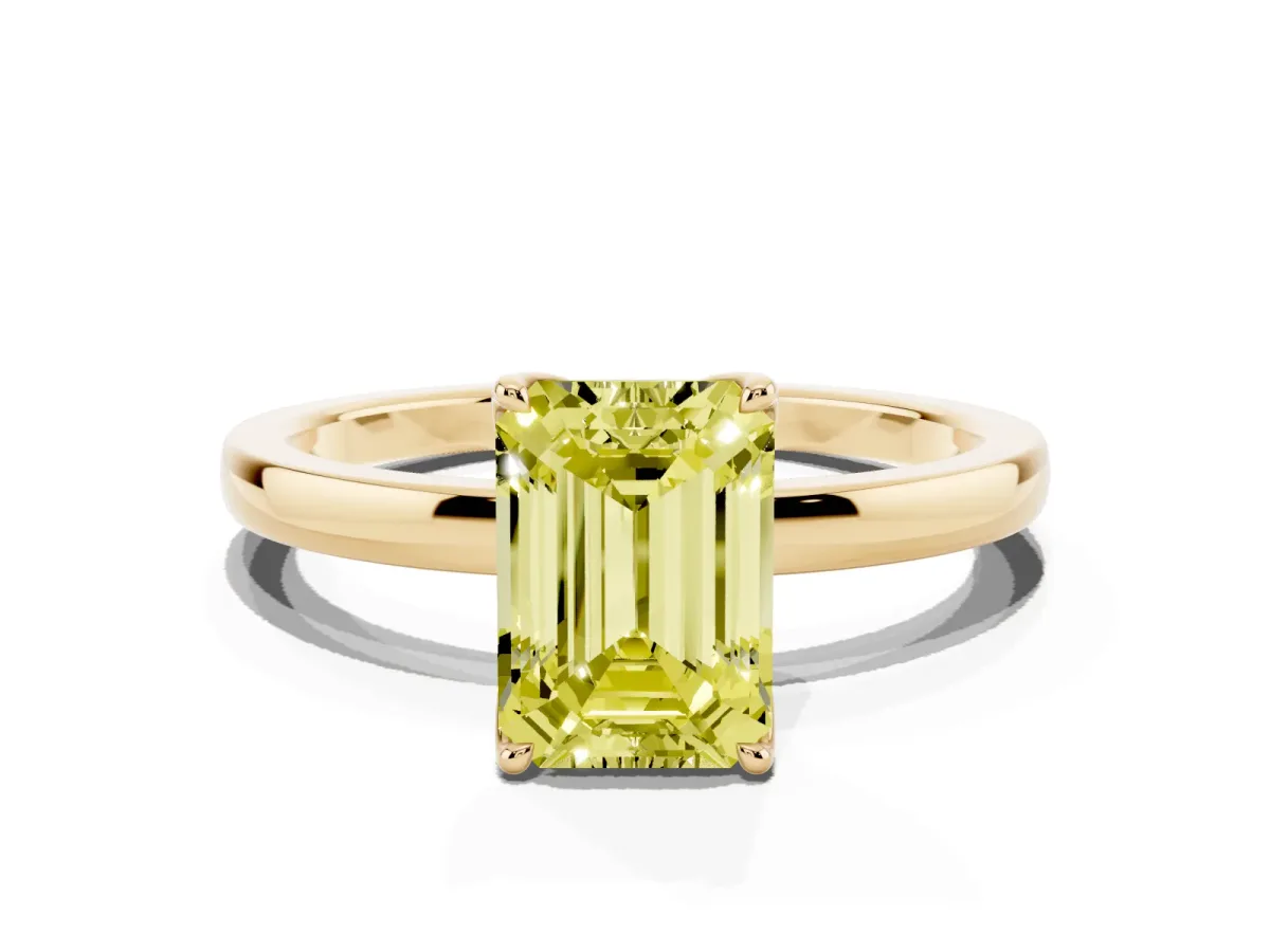 Fancy Yellow Emerald Cut Diamond Solitaire Ring with Thin Band and Prong Setting Yellow gold