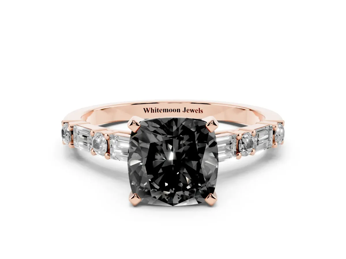 Fancy Black Cushion Cut Diamond Solitaire with Side Baguettes and Channel Set Band Rose gold