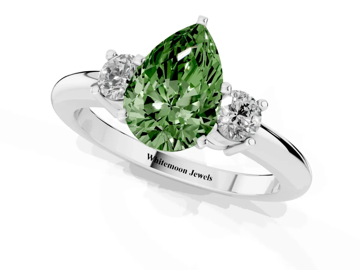 Fancy Green Three-Stone Pear Cut Cut Diamond Solitaire with Prong Setting and Classic Band Silver